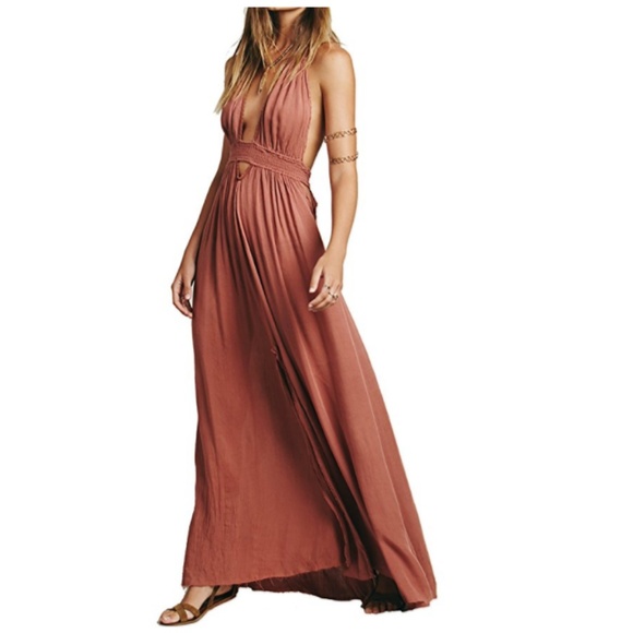 v neck backless maxi dress